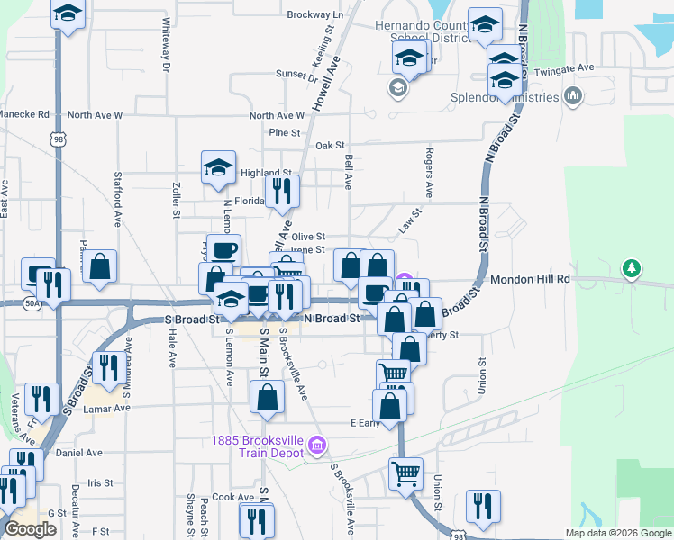 map of restaurants, bars, coffee shops, grocery stores, and more near 230 Oakland Avenue in Brooksville