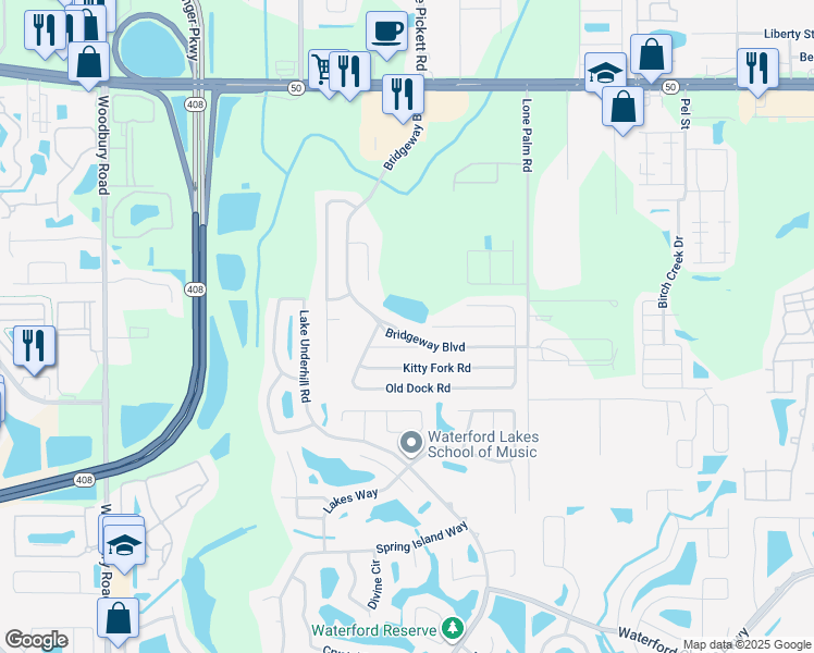 map of restaurants, bars, coffee shops, grocery stores, and more near 815 Bridgeway Boulevard in Orlando
