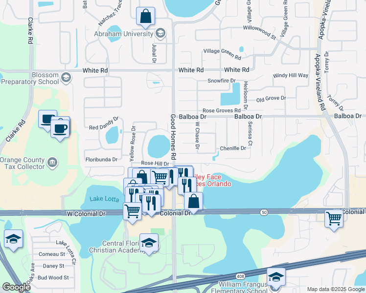 map of restaurants, bars, coffee shops, grocery stores, and more near 8626 Ashbury Park in Orlando