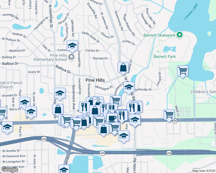 map of restaurants, bars, coffee shops, grocery stores, and more near 5205 Montague Place in Orlando