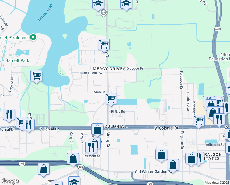 map of restaurants, bars, coffee shops, grocery stores, and more near 1151 Golden Gate Avenue in Orlando