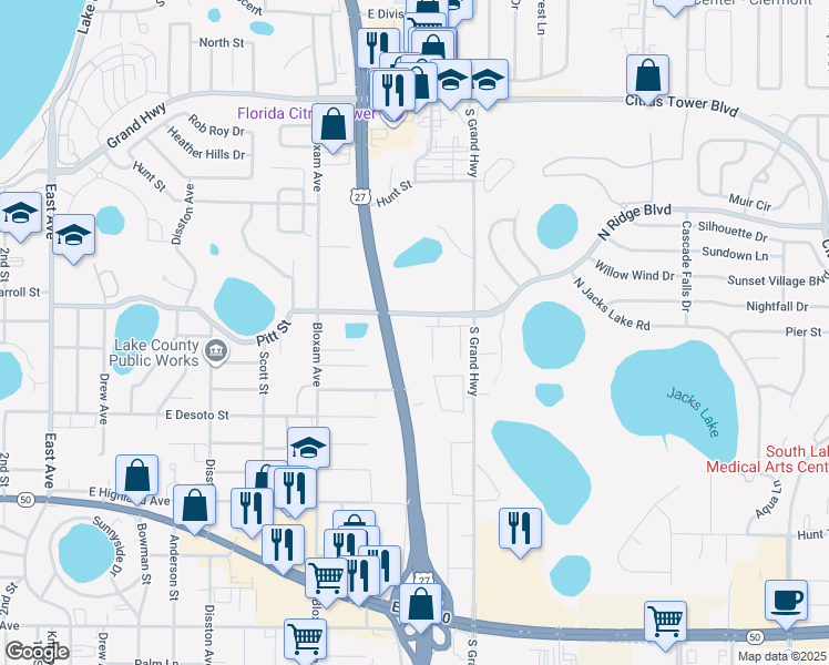 map of restaurants, bars, coffee shops, grocery stores, and more near 801 Pitt Street in Clermont