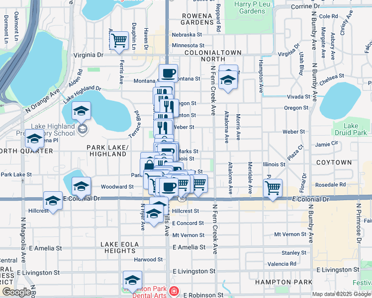 map of restaurants, bars, coffee shops, grocery stores, and more near 1315 East Marks Street in Orlando