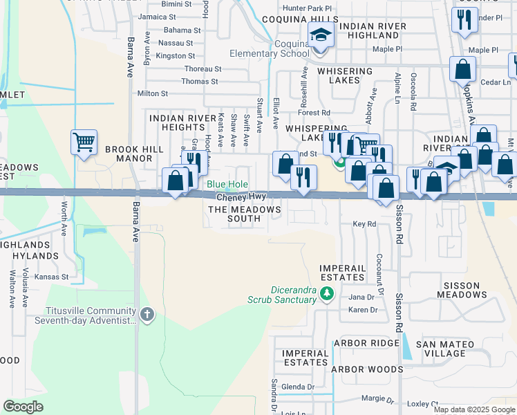 map of restaurants, bars, coffee shops, grocery stores, and more near 1291 Cheney Highway in Titusville