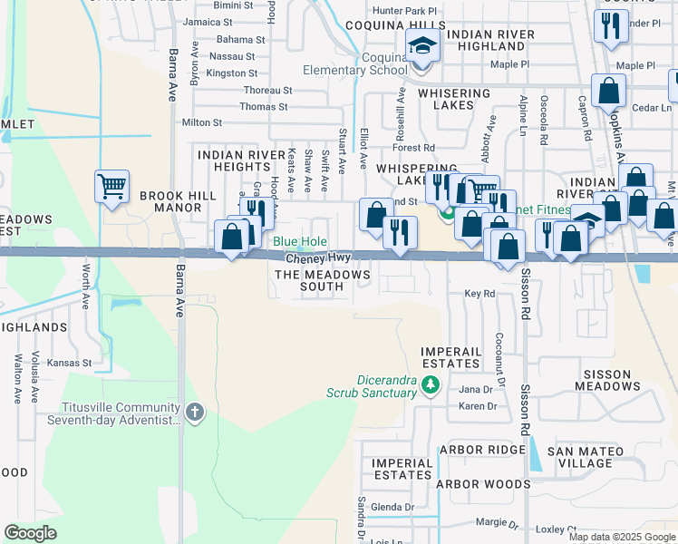 map of restaurants, bars, coffee shops, grocery stores, and more near 1281 Cheney Highway in Titusville