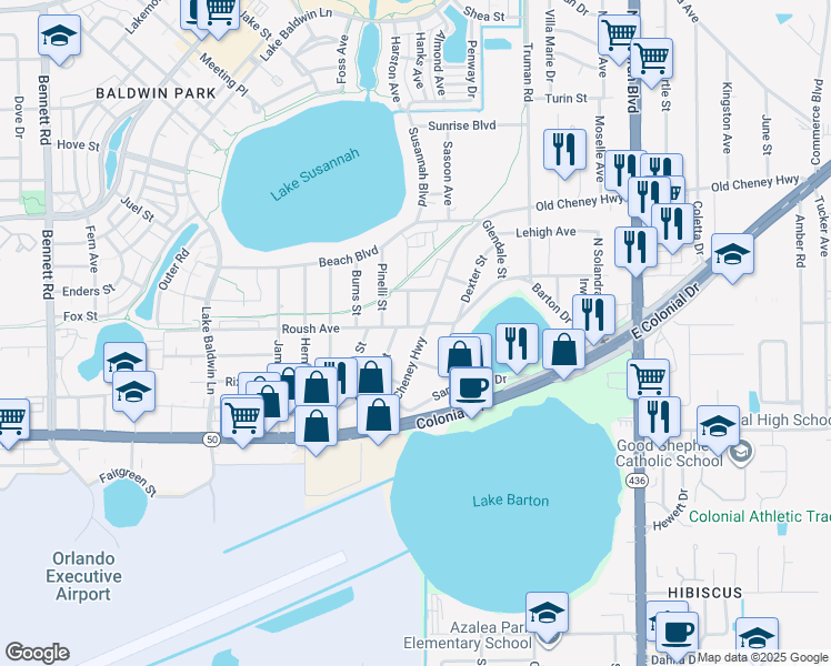 map of restaurants, bars, coffee shops, grocery stores, and more near 5119 Old Cheney Highway in Orlando