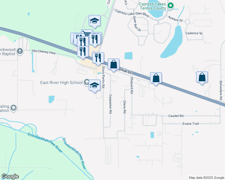 map of restaurants, bars, coffee shops, grocery stores, and more near 629 Carpenter Road in Orlando