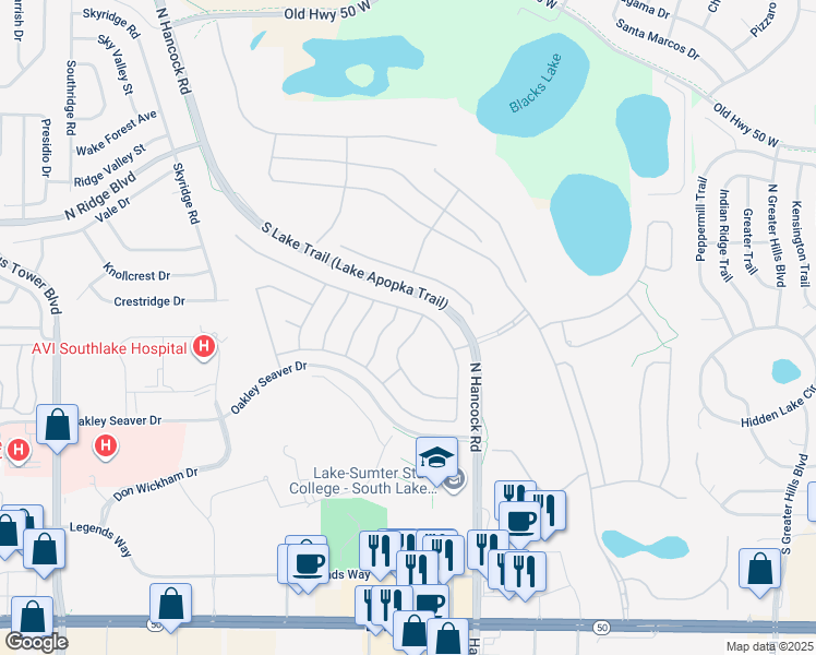 map of restaurants, bars, coffee shops, grocery stores, and more near 2395 Rollins Avenue in Clermont