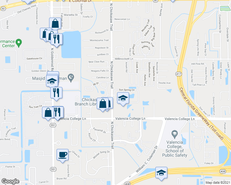 map of restaurants, bars, coffee shops, grocery stores, and more near 8219 Sun Spring Circle in Orlando