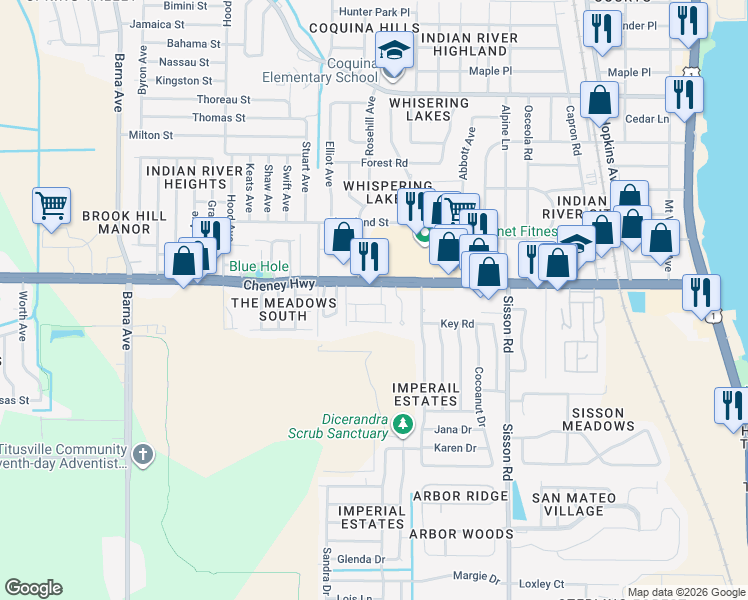 map of restaurants, bars, coffee shops, grocery stores, and more near 858 Dow Lane in Titusville
