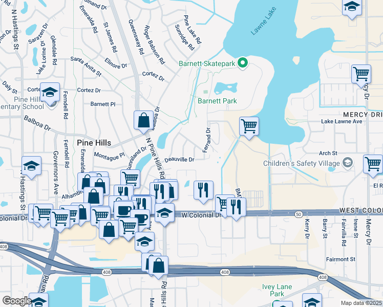 map of restaurants, bars, coffee shops, grocery stores, and more near 904 Cannes Place in Orlando
