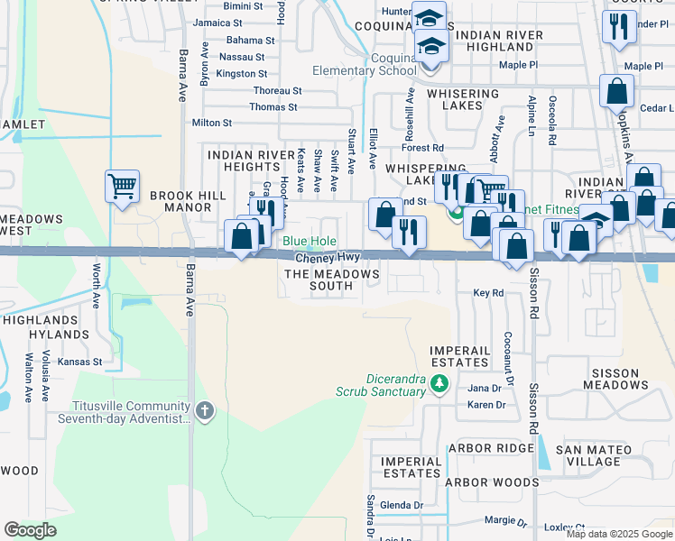 map of restaurants, bars, coffee shops, grocery stores, and more near 1291 Cheney Highway in Titusville