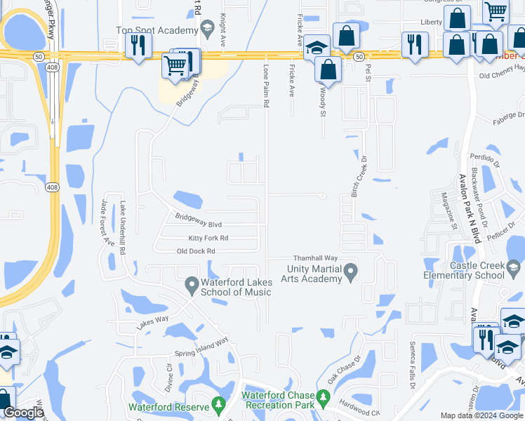 map of restaurants, bars, coffee shops, grocery stores, and more near 13726 Old Dock Road in Orlando
