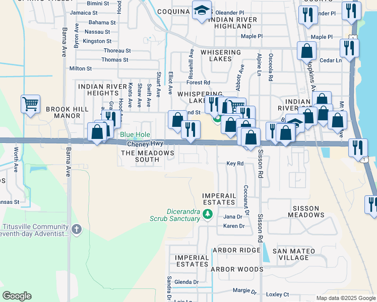 map of restaurants, bars, coffee shops, grocery stores, and more near 858 Dow Lane in Titusville