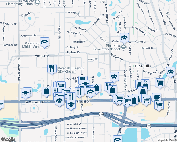 map of restaurants, bars, coffee shops, grocery stores, and more near 1207 North Nowell Street in Orlando