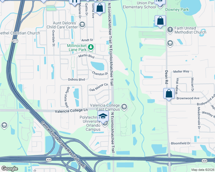 map of restaurants, bars, coffee shops, grocery stores, and more near 732 Oak Manor Circle in Orlando