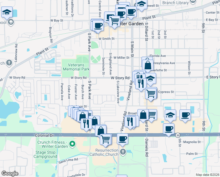 map of restaurants, bars, coffee shops, grocery stores, and more near 634 South Lakeview Avenue in Winter Garden