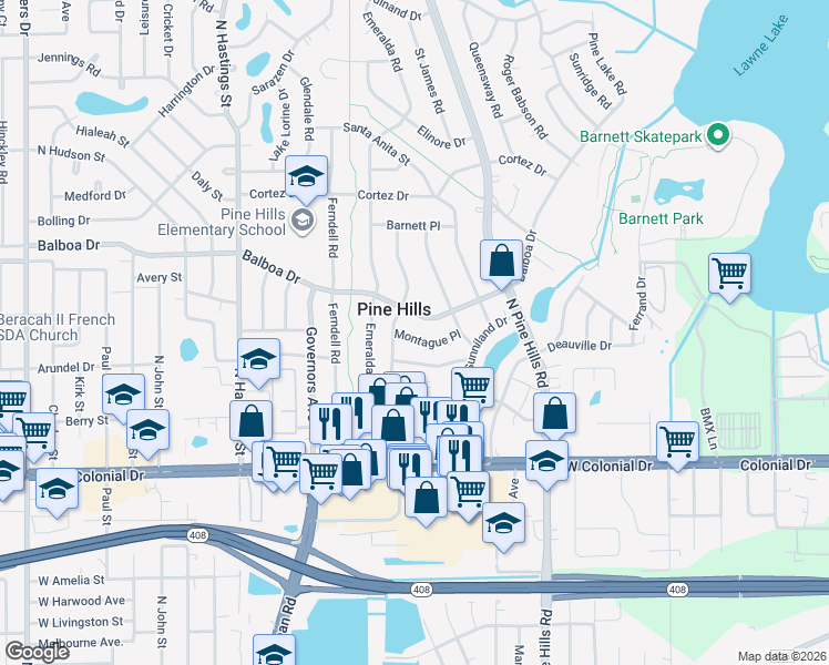 map of restaurants, bars, coffee shops, grocery stores, and more near 5217 Montague Place in Orlando