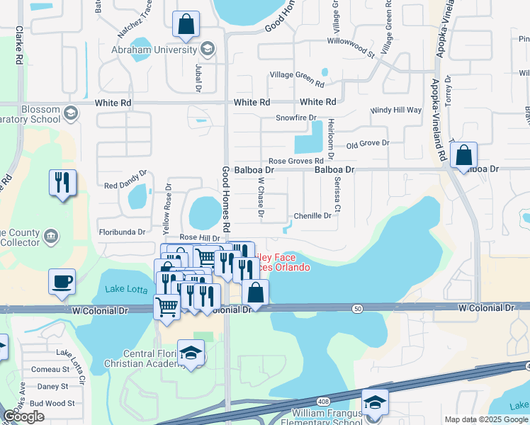 map of restaurants, bars, coffee shops, grocery stores, and more near 8524 Lansdale Court in Orlando