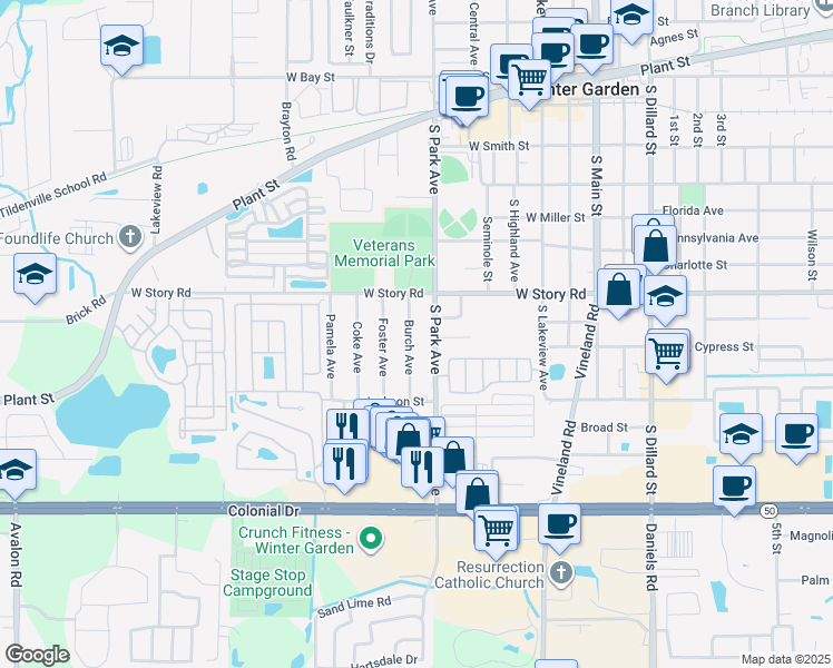 map of restaurants, bars, coffee shops, grocery stores, and more near 641 Burch Avenue in Winter Garden