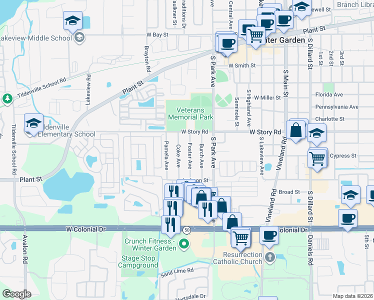 map of restaurants, bars, coffee shops, grocery stores, and more near 630 Foster Avenue in Winter Garden