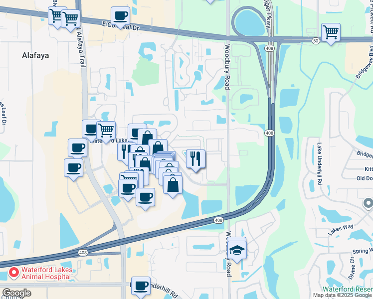map of restaurants, bars, coffee shops, grocery stores, and more near 12676 Somerset Oaks Street in Orlando