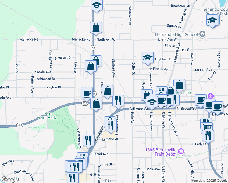 map of restaurants, bars, coffee shops, grocery stores, and more near 610 West Fort Dade Avenue in Brooksville