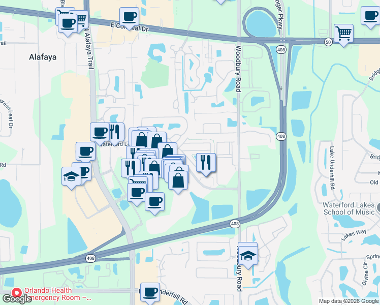 map of restaurants, bars, coffee shops, grocery stores, and more near 12639 Lexington Summit Street in Orlando