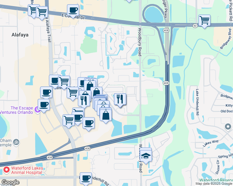 map of restaurants, bars, coffee shops, grocery stores, and more near 12718 Somerset Oaks Street in Orlando