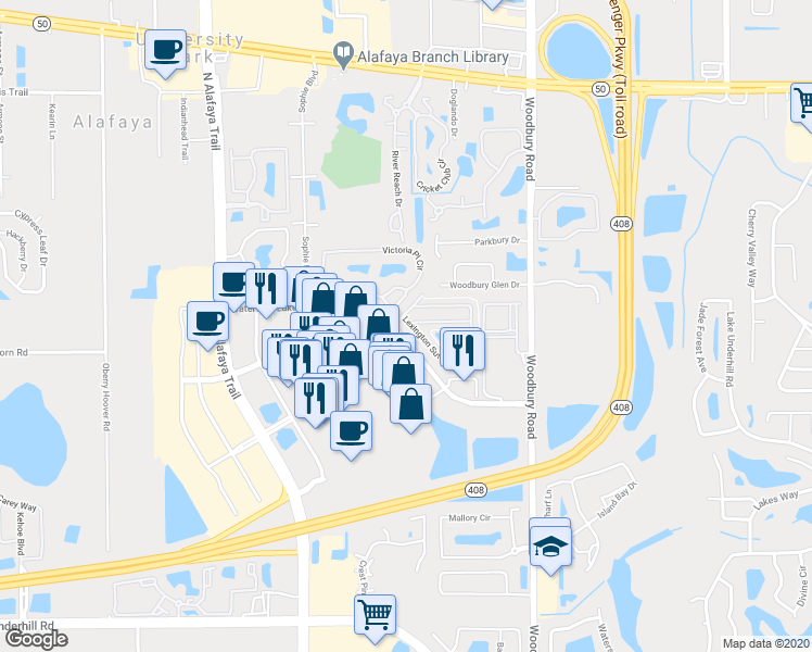 map of restaurants, bars, coffee shops, grocery stores, and more near 12639 Lexington Summit Street in Orlando