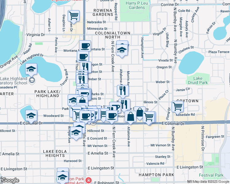 map of restaurants, bars, coffee shops, grocery stores, and more near 1603 E Marks St in Orlando