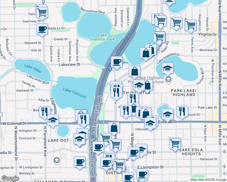 map of restaurants, bars, coffee shops, grocery stores, and more near 906 North Orange Avenue in Orlando