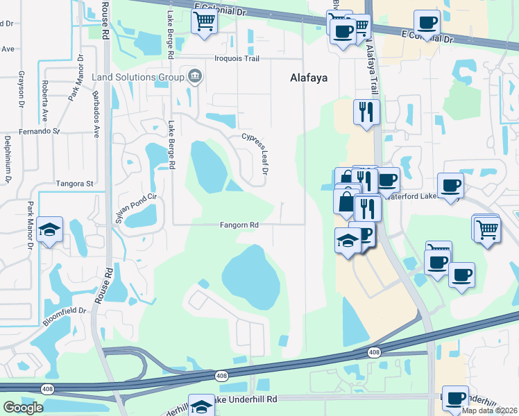 map of restaurants, bars, coffee shops, grocery stores, and more near 11451 Fangorn Road in Orlando