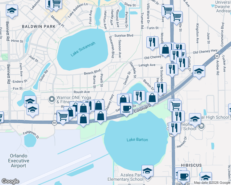 map of restaurants, bars, coffee shops, grocery stores, and more near 5201 Barton Drive in Orlando