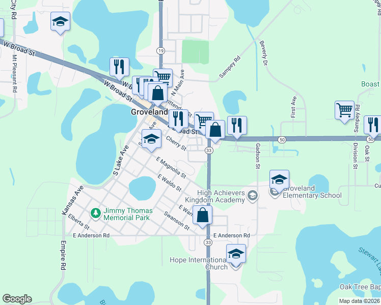 map of restaurants, bars, coffee shops, grocery stores, and more near 120 Wright Street in Groveland