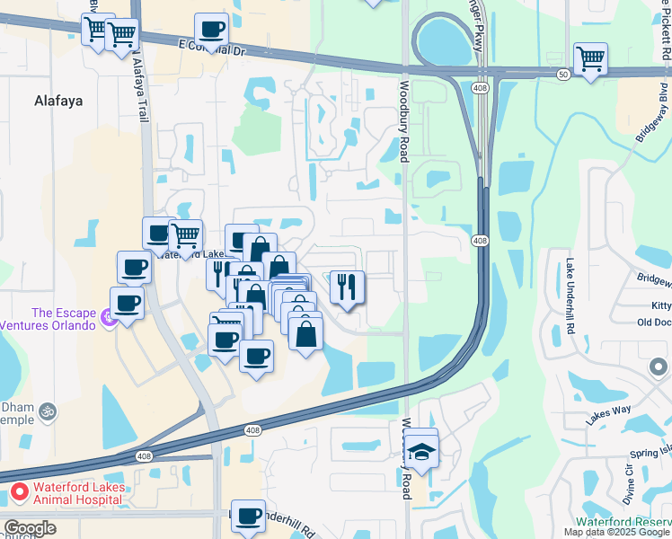 map of restaurants, bars, coffee shops, grocery stores, and more near 12718 Somerset Oaks Street in Orlando