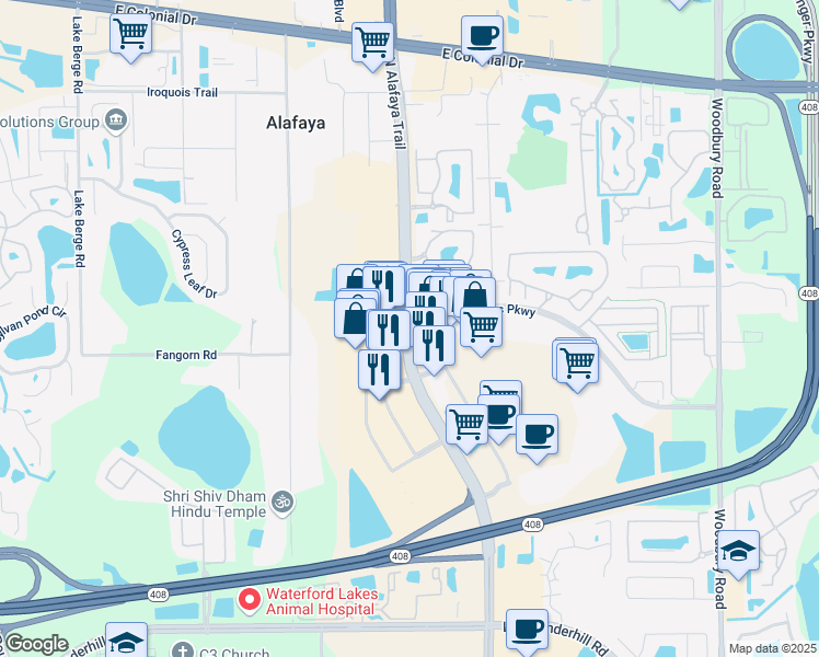map of restaurants, bars, coffee shops, grocery stores, and more near 775 North Alafaya Trail in Orlando