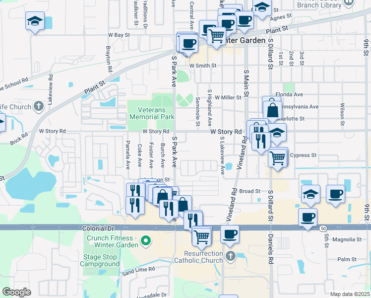 map of restaurants, bars, coffee shops, grocery stores, and more near 223 West Cypress Street in Winter Garden