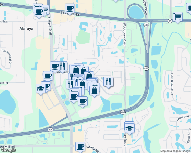 map of restaurants, bars, coffee shops, grocery stores, and more near 12639 Lexington Summit Street in Orlando