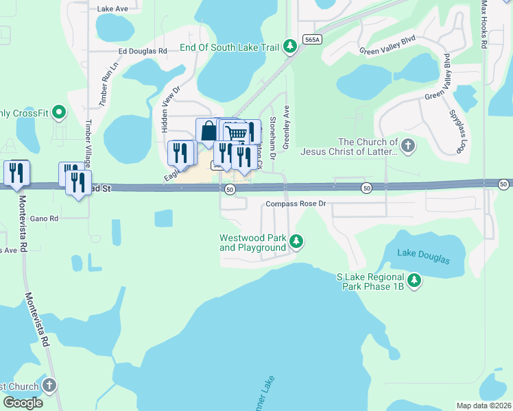 map of restaurants, bars, coffee shops, grocery stores, and more near 131 Compass Rose Drive in Groveland