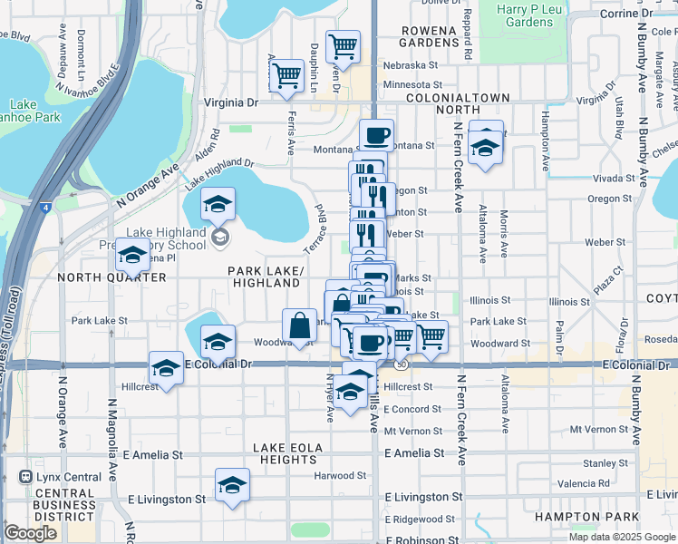 map of restaurants, bars, coffee shops, grocery stores, and more near 1009 East Marks Street in Orlando