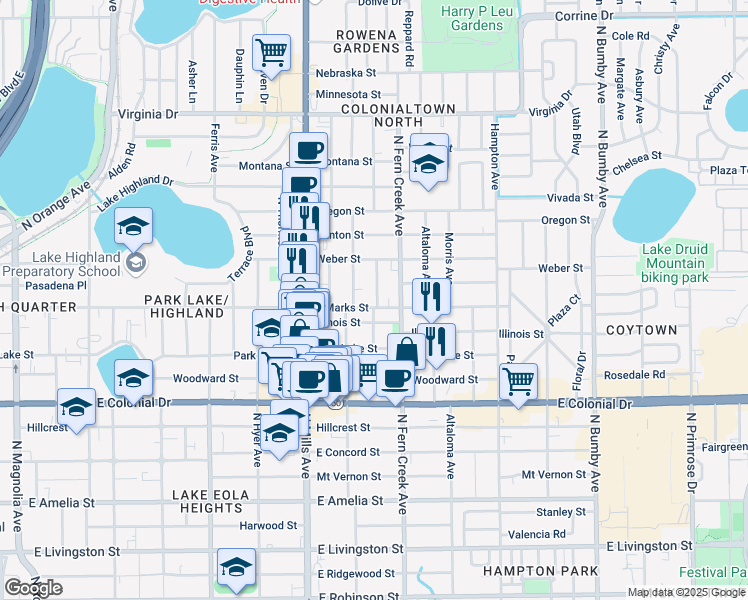 map of restaurants, bars, coffee shops, grocery stores, and more near 906 La Salle Avenue in Orlando