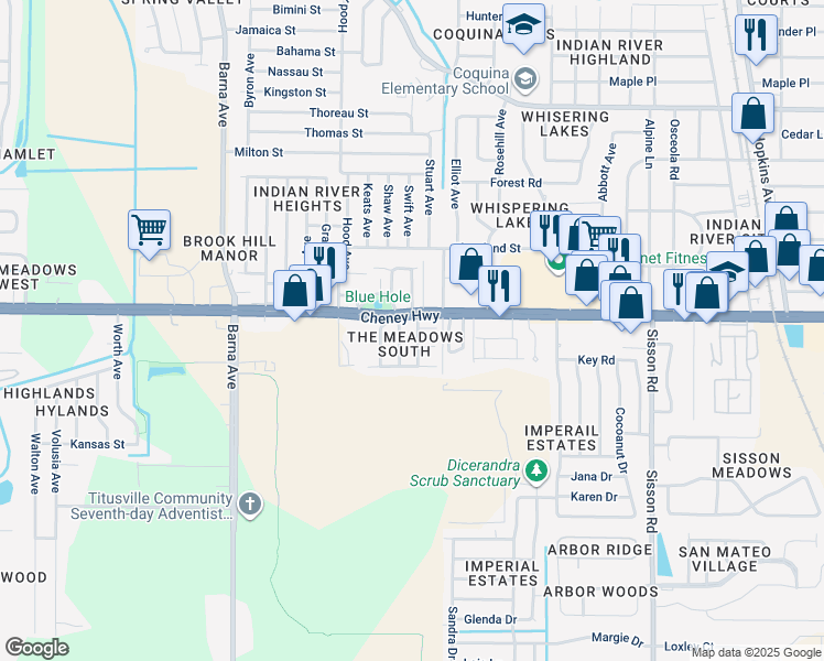 map of restaurants, bars, coffee shops, grocery stores, and more near 1291 Cheney Highway in Titusville