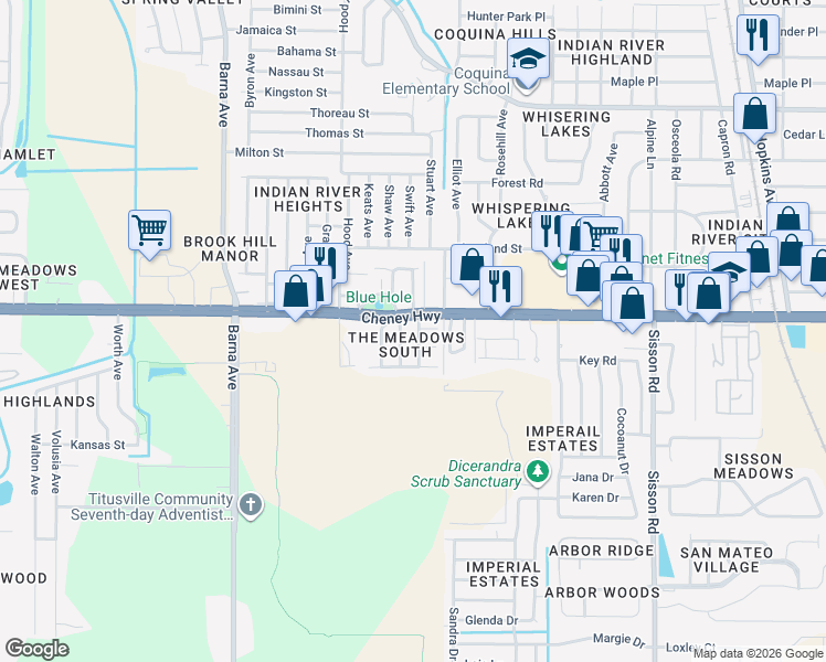 map of restaurants, bars, coffee shops, grocery stores, and more near 1291 Cheney Highway in Titusville
