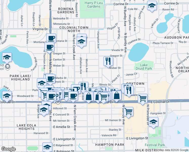 map of restaurants, bars, coffee shops, grocery stores, and more near 1907 East Marks Street in Orlando