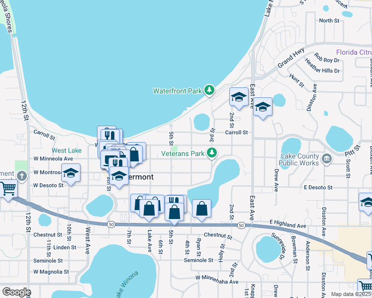 map of restaurants, bars, coffee shops, grocery stores, and more near 429 West Osceola Street in Clermont