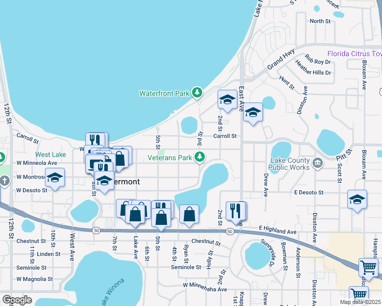 map of restaurants, bars, coffee shops, grocery stores, and more near 347 West Osceola Street in Clermont