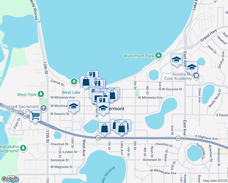 map of restaurants, bars, coffee shops, grocery stores, and more near 653 West Osceola Street in Clermont