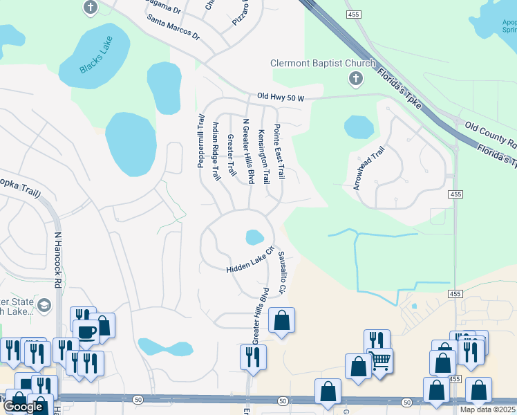 map of restaurants, bars, coffee shops, grocery stores, and more near 15910 Hidden Lake Circle in Clermont