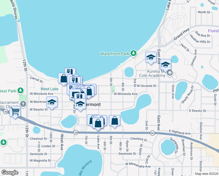 map of restaurants, bars, coffee shops, grocery stores, and more near 520 5th Street in Clermont